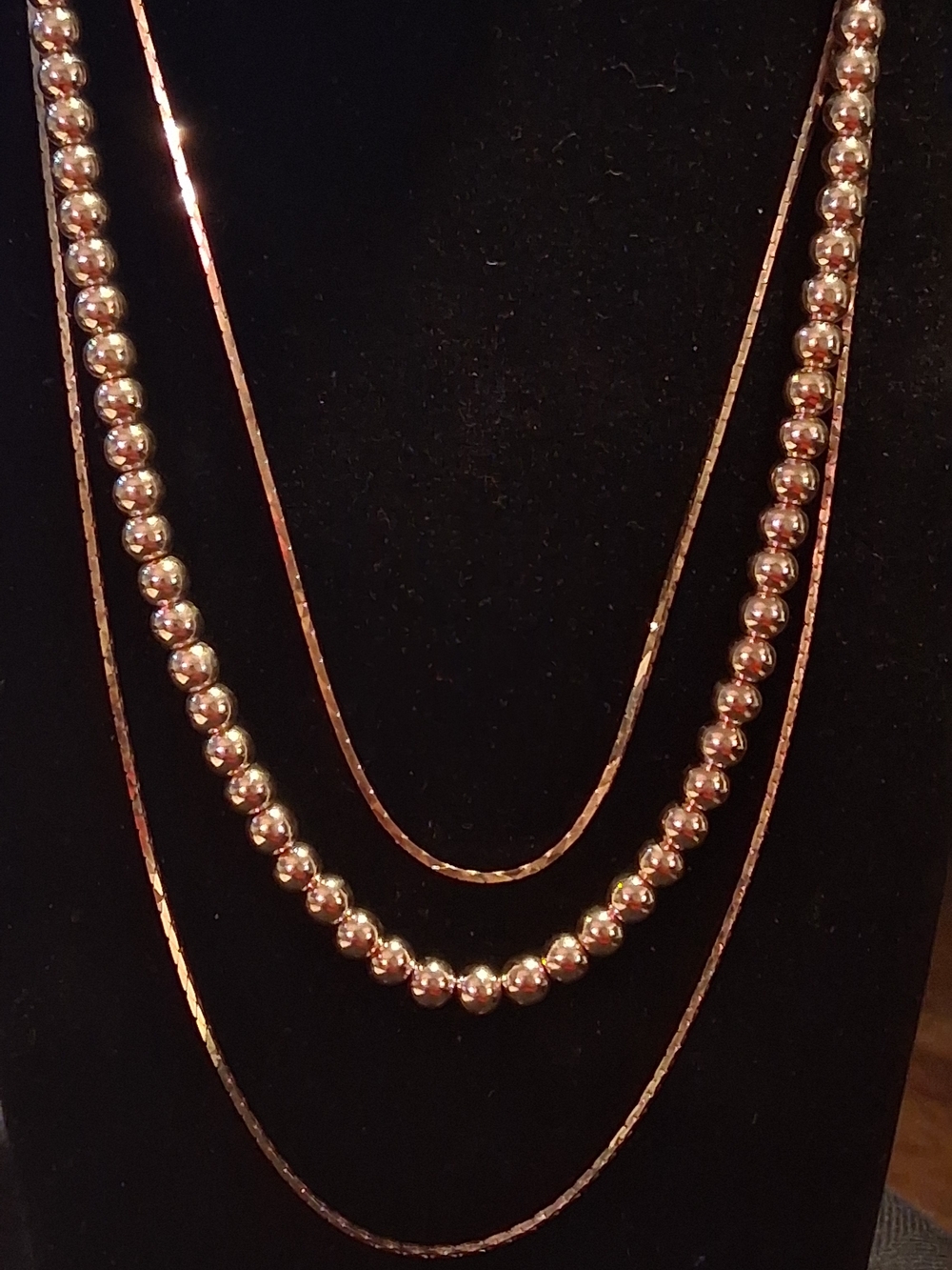 VINTAGE 1970s Gold Tone 3 Strand Layered Necklace Korea 18" EXCELLENT